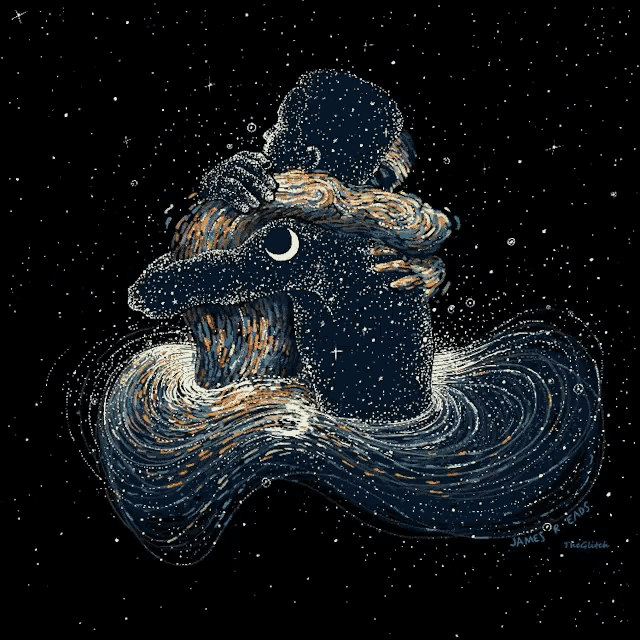 a painting of a person hugging another person with a moon in the background