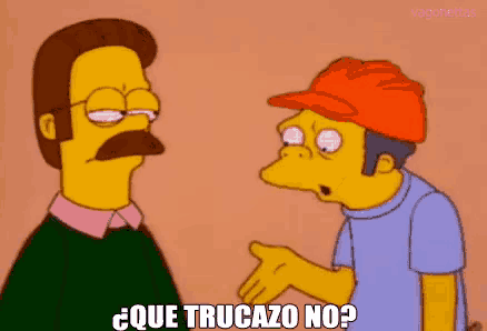 a cartoon of a man with a mustache talking to another man with the words que trucazo no on the bottom