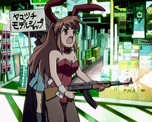 a girl in a bunny costume is holding a gun in front of a sign that says " new "