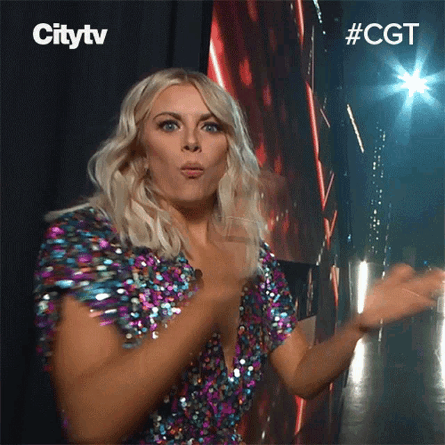 a woman in a sequined dress is making a funny face and has the hashtag #cgt on the bottom