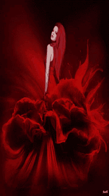 a woman in a long red dress is surrounded by a large red flower