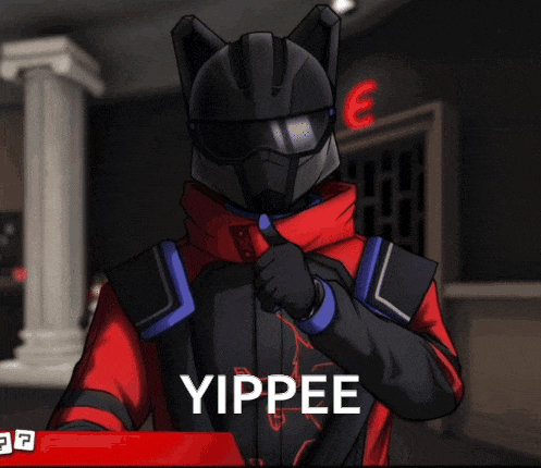a cartoon character with a helmet and a scarf says " yippee "