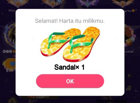 a screen shows a pair of flip flops and says selamat harta itu milikmu