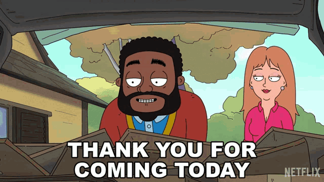 a cartoon says " thank you for coming today " with a man and woman