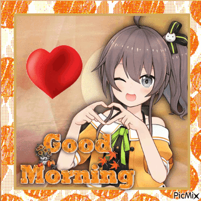 a picture of a girl making a heart with her hands and the words " good morning "