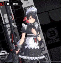 a girl in a maid outfit is holding a gun and the word city is above her head