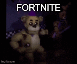 a teddy bear wearing a purple hat and bow tie is standing in a dark room with the words fortnite written above it .