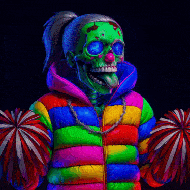 a skeleton in a rainbow jacket holds pom poms