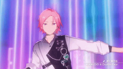 a man with pink hair is standing in front of a purple and blue background .