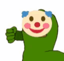 a green clown is giving a thumbs up sign with his fist .
