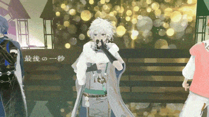 a man with white hair is holding a microphone in front of a clock tower