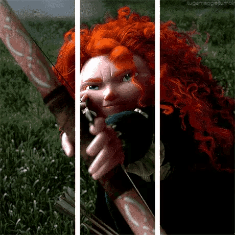 a girl with red hair is holding a bow and arrow