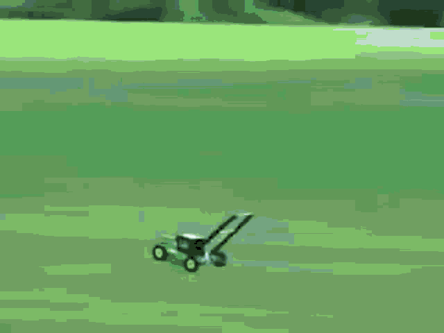 a green butterfly is flying through the air on a green field