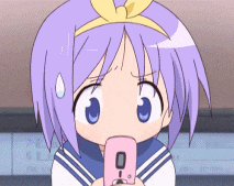 a cartoon girl with purple hair is holding a pink cell phone