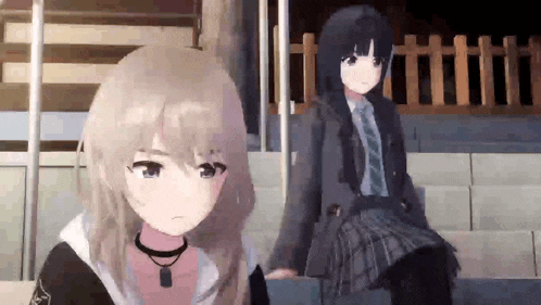 two anime girls are standing next to each other on the stairs .