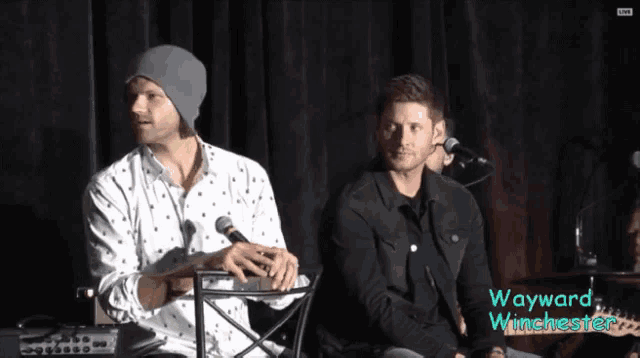 two men sitting in front of microphones with the words wayward winchester on the bottom right