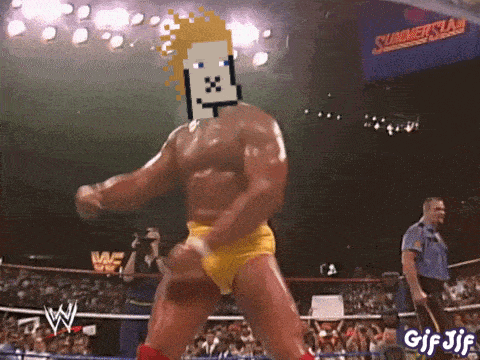 a man in a wrestling ring with a pixelated face on his head