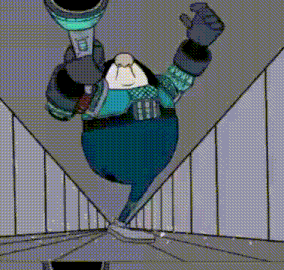 a cartoon character is standing on a bridge with his arms outstretched and a microphone in his hand .