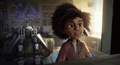 a girl in a pink jacket with the number 8 on it looks at a robot