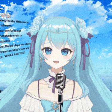 a girl with blue hair is holding a microphone in front of a sign that says " what are you "