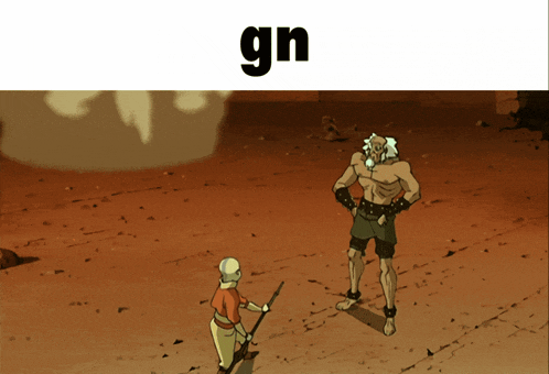 a cartoon of a man holding a stick and the word gn above him