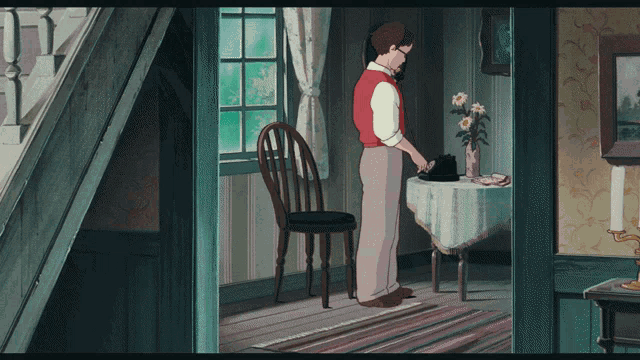 a man in a red vest is standing in a room with a table and chairs