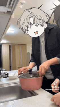a man is putting a lid on a pot in a kitchen