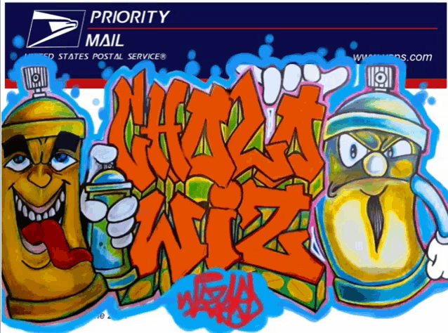 a priority mail envelope with graffiti on the front