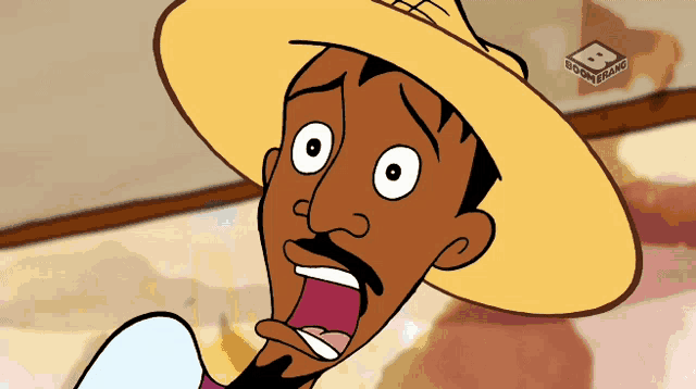 a cartoon of a man wearing a hat with a bbc logo on the top