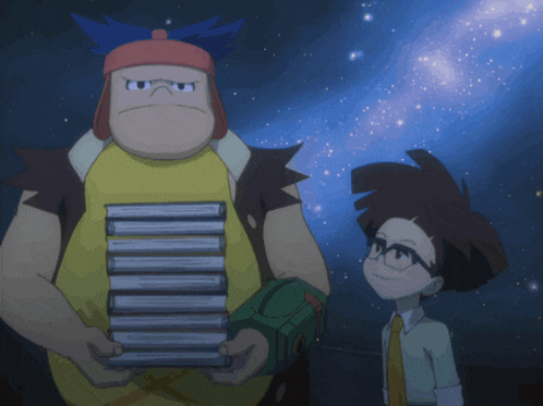 a man holding a stack of books stands next to a boy with glasses