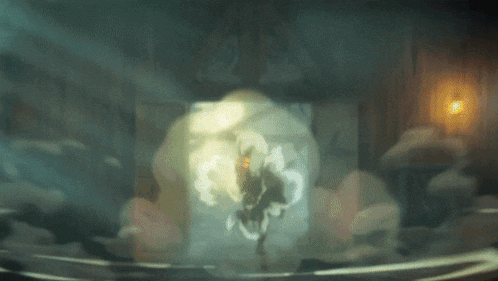 a painting of a man holding a sword in a dark room with smoke coming out of it