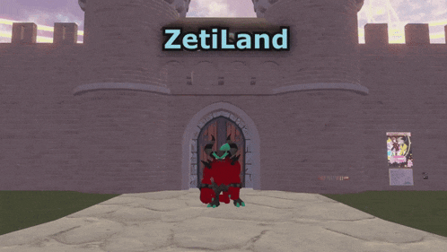 a cartoon character stands in front of a castle with a sign that says zetiland on it