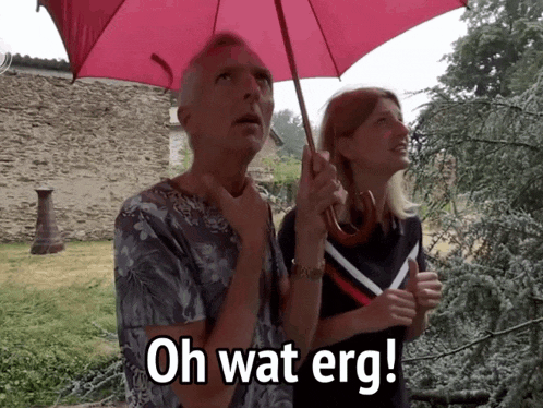 a man and a woman holding an umbrella with the words oh wat erg written below them