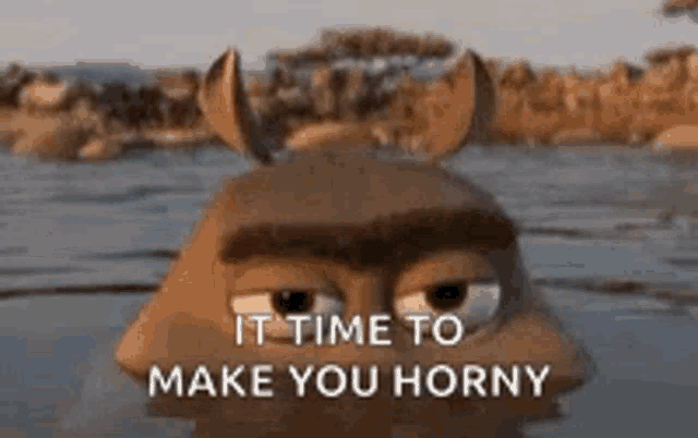 a cartoon character with horns is swimming in the water with the words `` it time to make you horny '' .