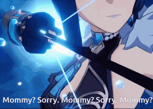 a cartoon of a woman holding a sword with the words mommy sorry mommy sorry mommy on the bottom