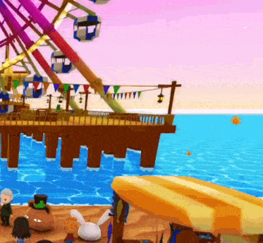 a ferris wheel is sitting on top of a pier overlooking the ocean