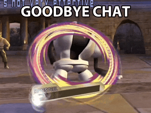 a video game screen says goodbye chat with a robot in the foreground