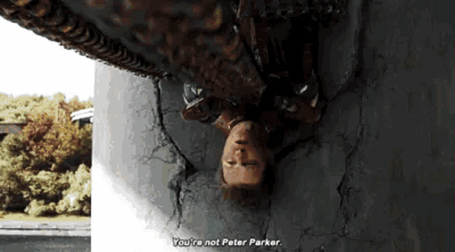 spider-man is hanging upside down on a wall and talking to peter parker .