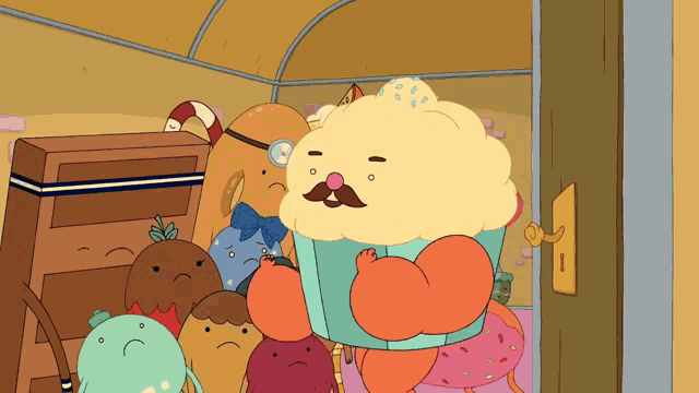 a cartoon character is holding a cupcake with a mustache