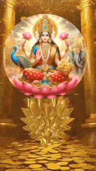 a painting of a goddess sitting on a lotus flower surrounded by gold coins
