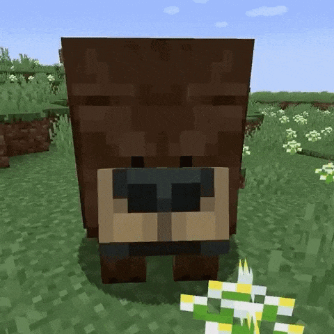 a brown cow is standing in a grassy field in a minecraft game .