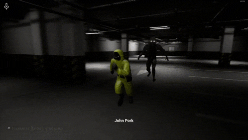 a screenshot of a video game shows a man in a yellow suit and the name john pork