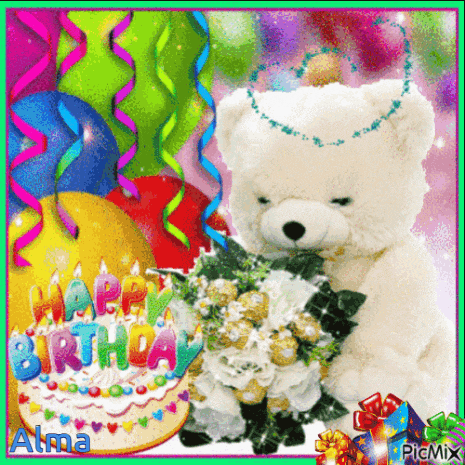 a white teddy bear is holding a bouquet of flowers in front of a birthday cake that says happy birthday