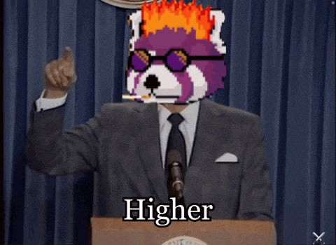 a man in a suit and tie stands at a podium with a pixelated panda on his head and the words higher above him