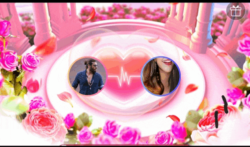 a man and a woman are surrounded by pink roses