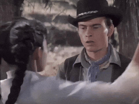 a man in a cowboy hat is talking to a woman with braids