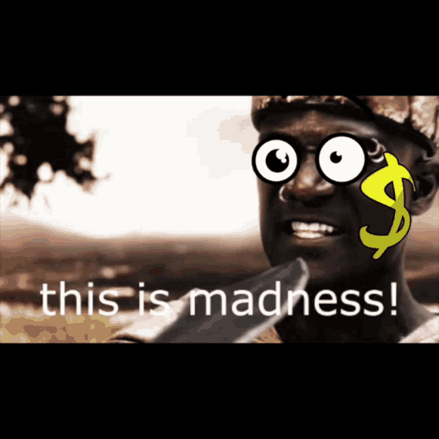 a man with a banana on his face is holding a knife and says this is madness