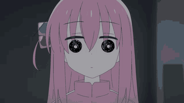 a drawing of a girl with pink hair and black eyes looking at the camera