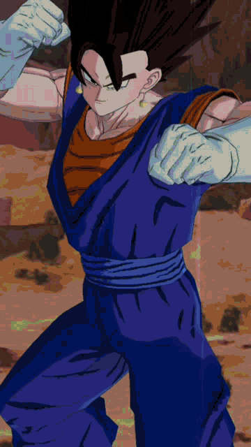 a cartoon character in a blue outfit is standing in a fighting pose