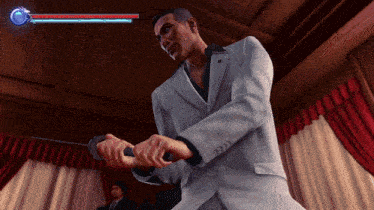 a man in a white suit is holding a sword